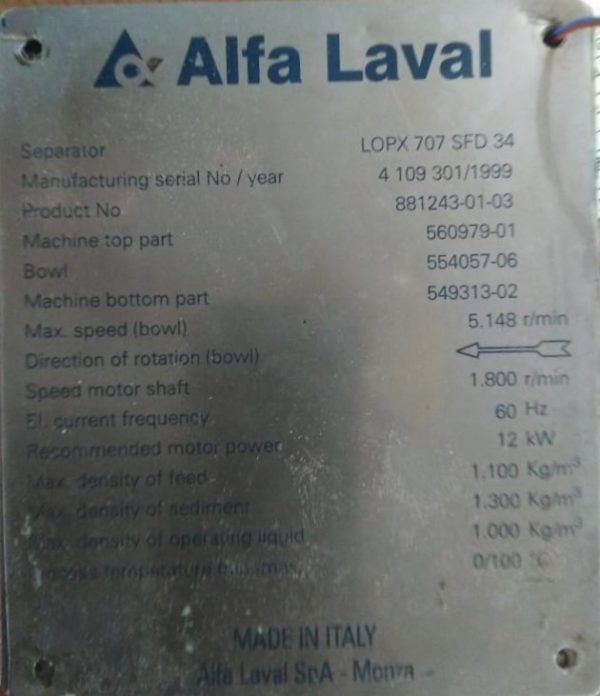 ALFA LAVAL LOPX 707 SFD 34 OIL SEPARATOR
