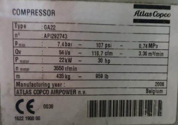 ATLAS COPCO GA22 AIR COMPRESSOR
